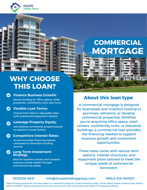 A commercial mortgage provides financing for businesses and investors to buy, refinance, or expand commercial properties.