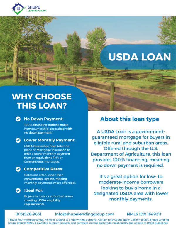 Zero-down loans for properties in eligible rural and suburban areas.