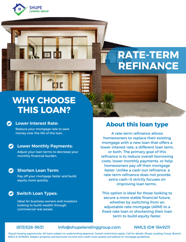 A rate-term refinance helps you secure a lower interest rate, reduce your monthly payments, or shorten your loan term, making homeownership more affordable and financially strategic.